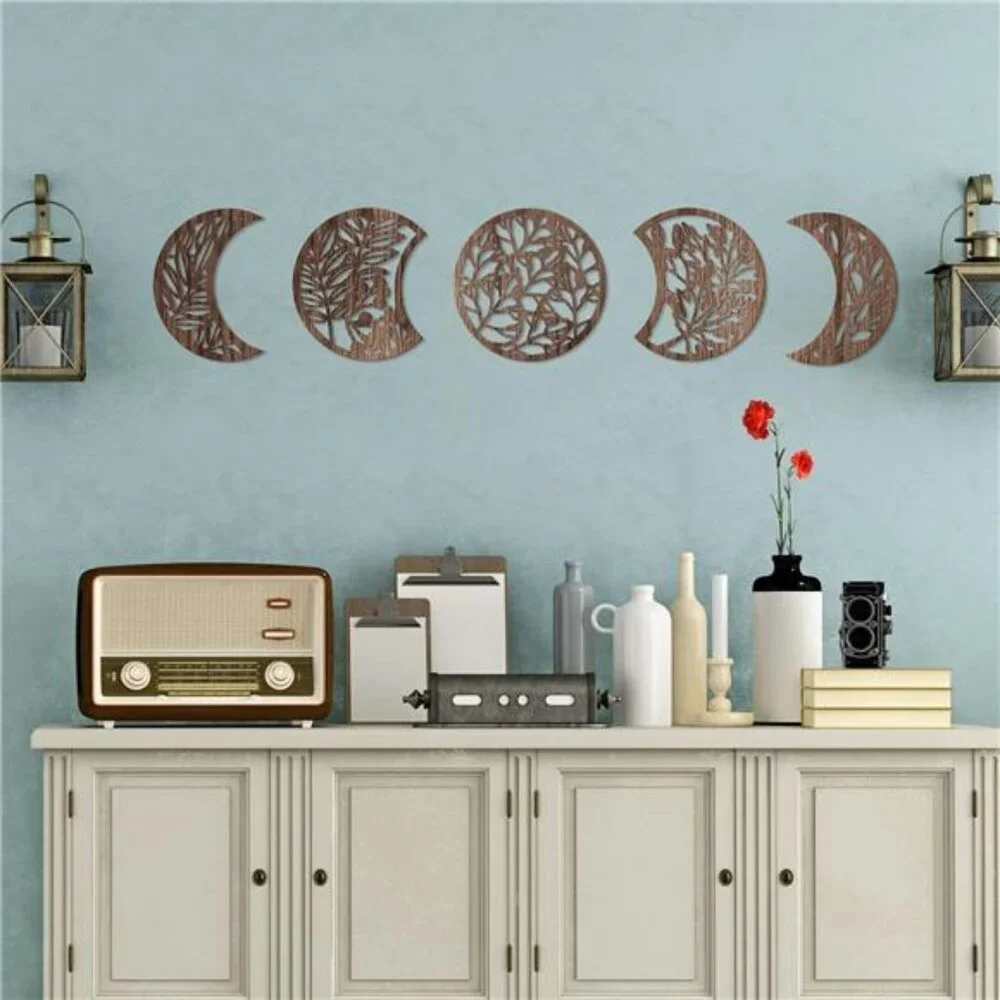 Jetec 5 Pcs Moon Phase Wall Art Decor Wall Pediments Hanging Wooden Phase